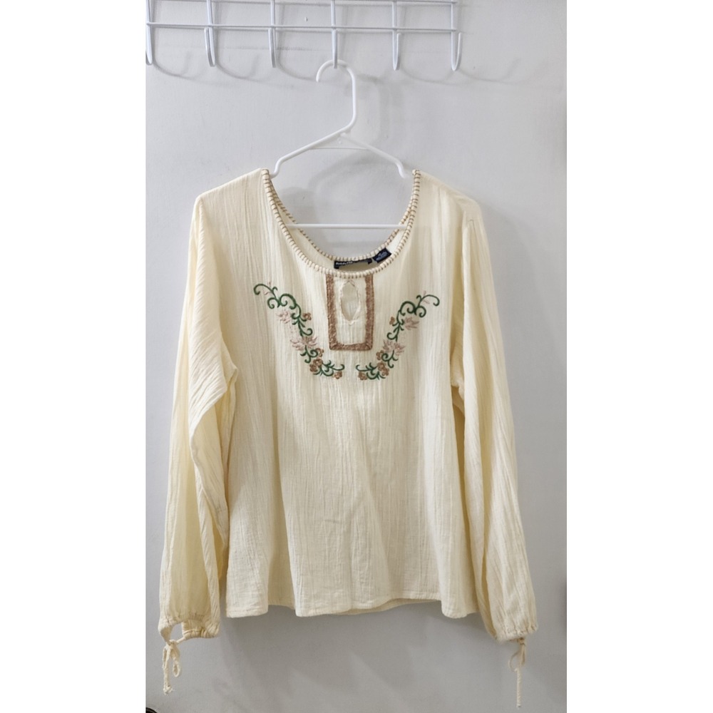 Marianne Women 1X Cream Cotton Gauze Embroidered Peasant Blouse Boho Top